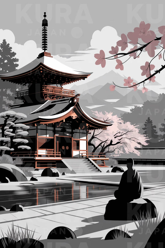 Tableau temple zen noir et blanc 1