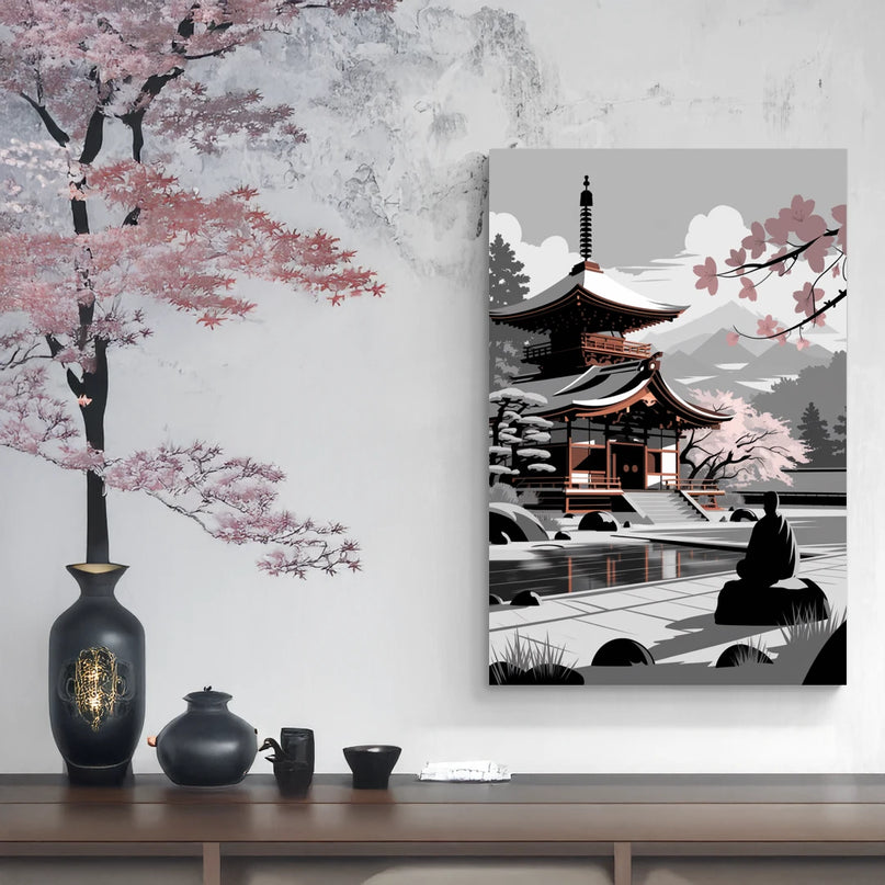 Tableau temple zen noir et blanc 1