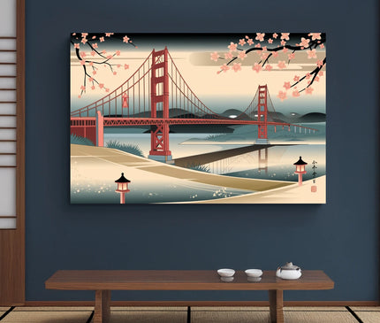 Tableau origami pont rouge sur riviere