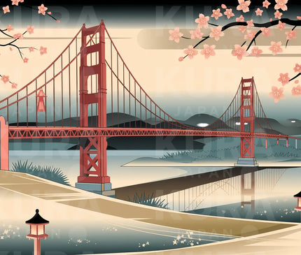 Tableau origami pont rouge sur riviere